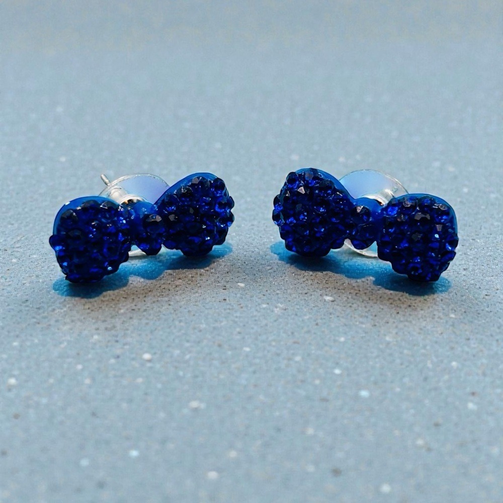 Blue Crystal Bow Stud Earrings Cobalt Pavé Rhinestone Ribbon Jewelry